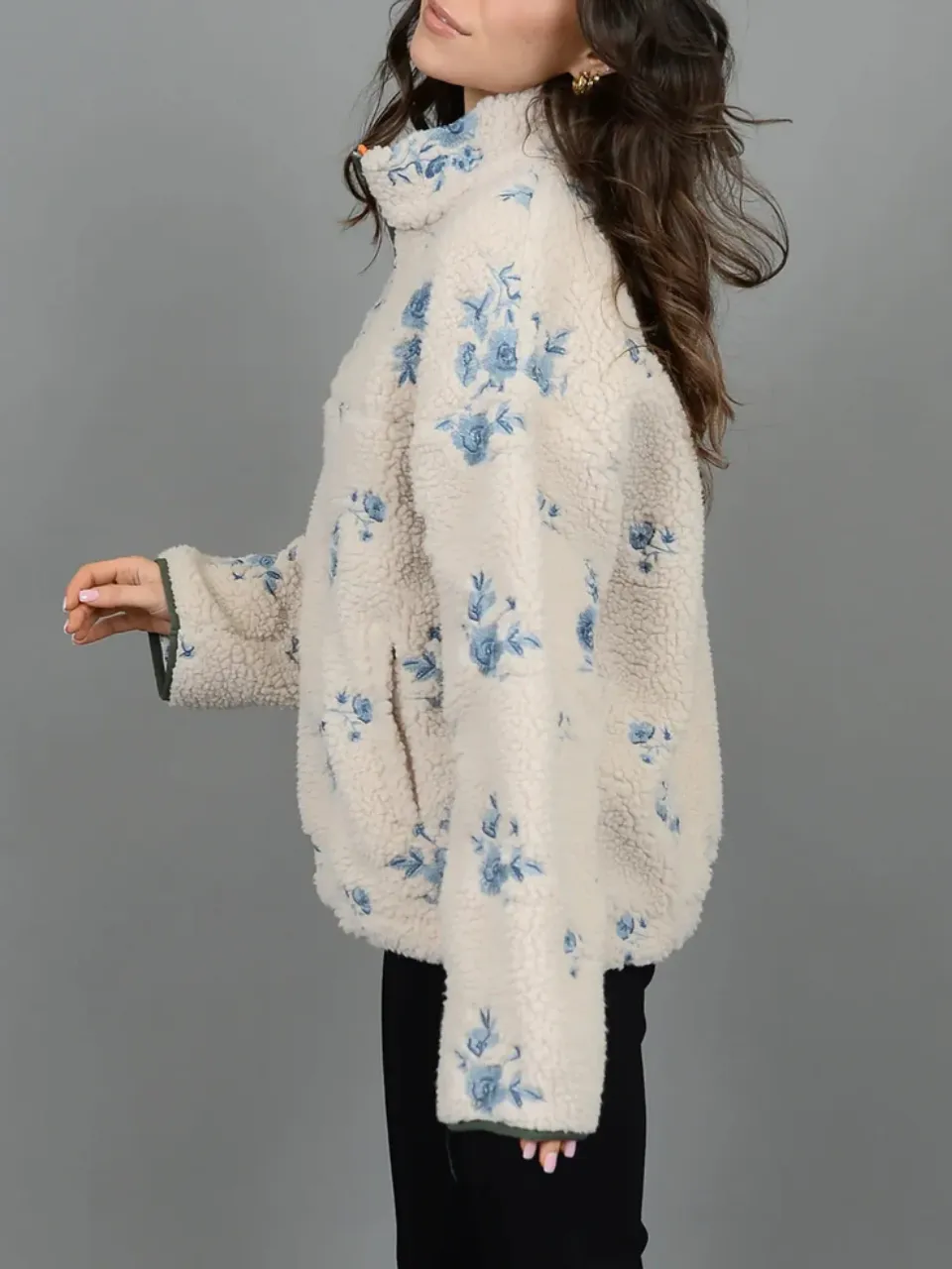 RD STYLE Half Zip Floral Sherpa Jacket