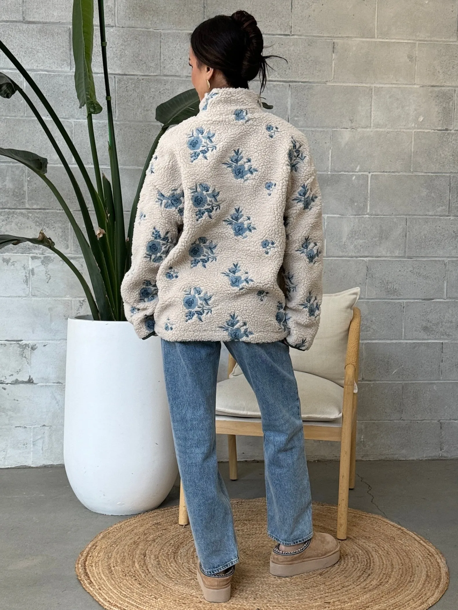 RD STYLE Half Zip Floral Sherpa Jacket