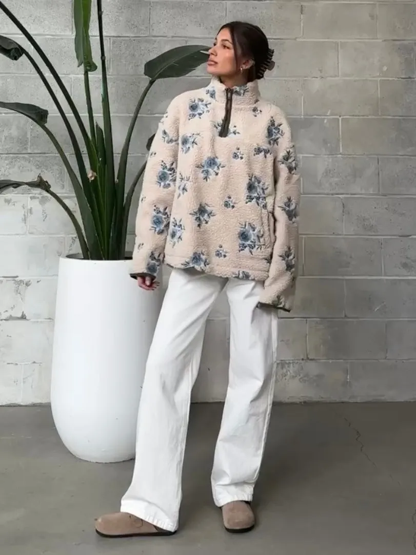 RD STYLE Half Zip Floral Sherpa Jacket