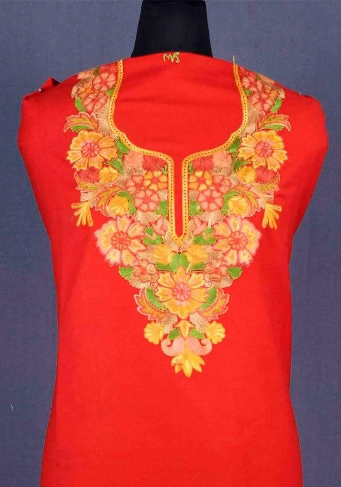 Red Color Patterned Kashmiri Aari Work Ladies Salwar Kameez  ( Stole not included )