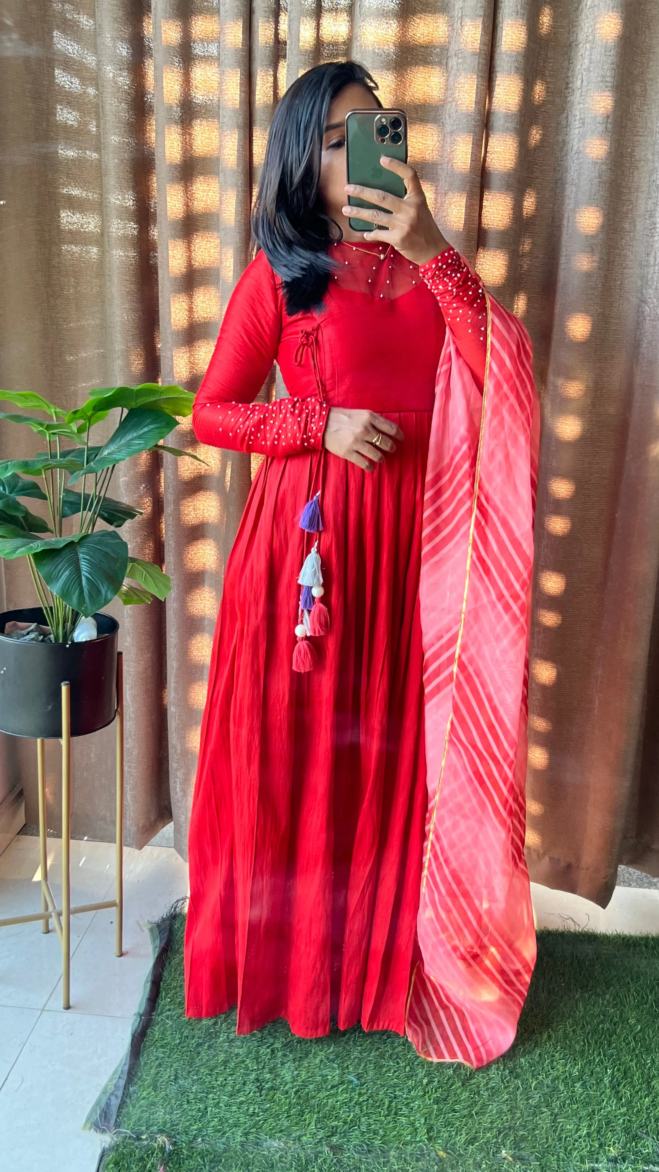 Red silk maxi dress salwar suit of hand worked top and Duppata