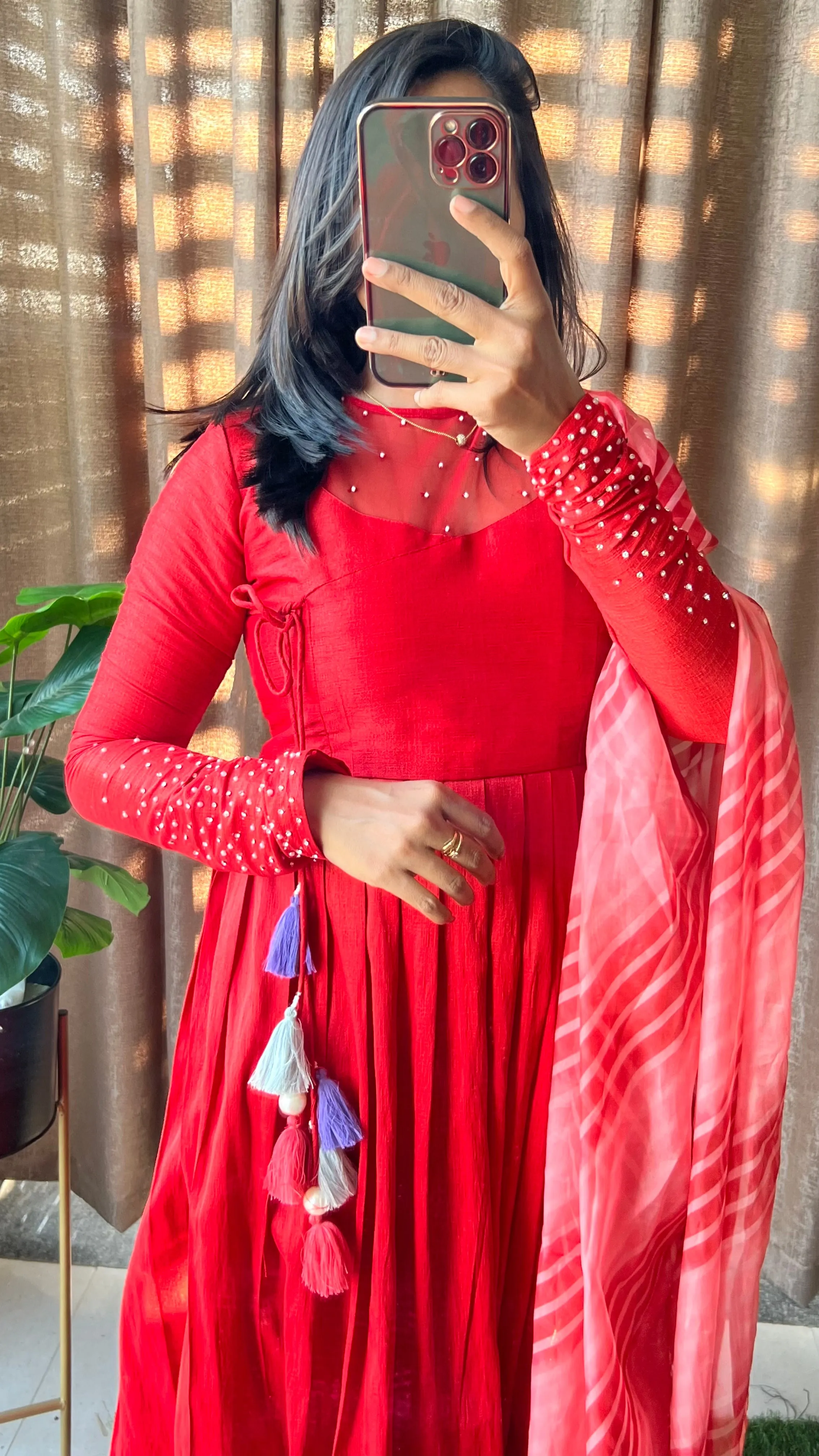 Red silk maxi dress salwar suit of hand worked top and Duppata
