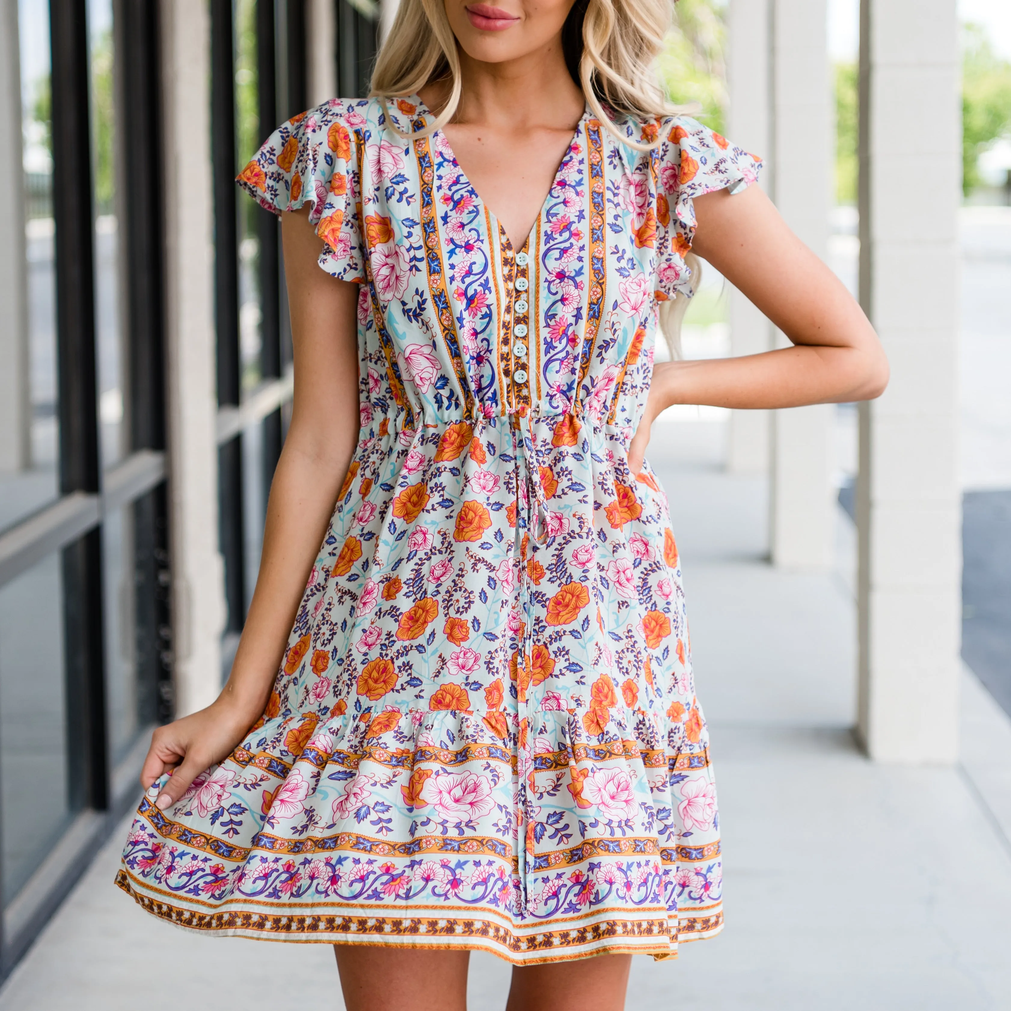 Ruffle Sleeve Dress - Blue