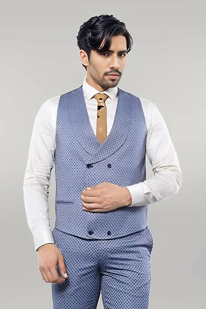 Self Patterned Vested Blue Suit | Wessi