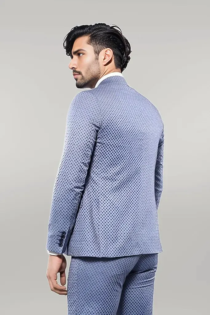 Self Patterned Vested Blue Suit | Wessi