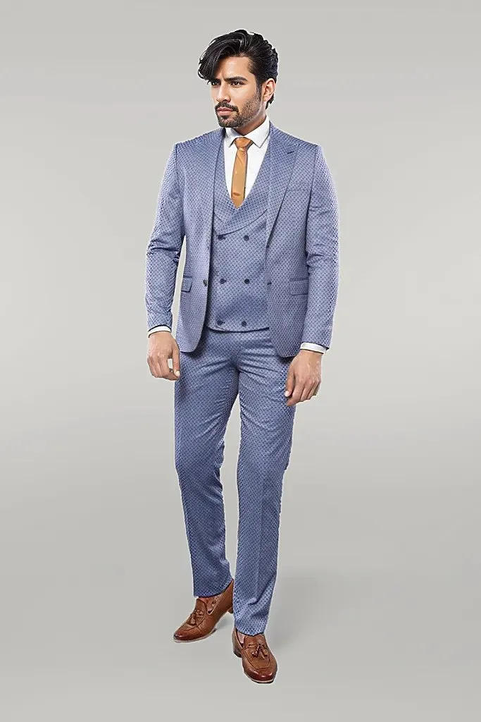 Self Patterned Vested Blue Suit | Wessi