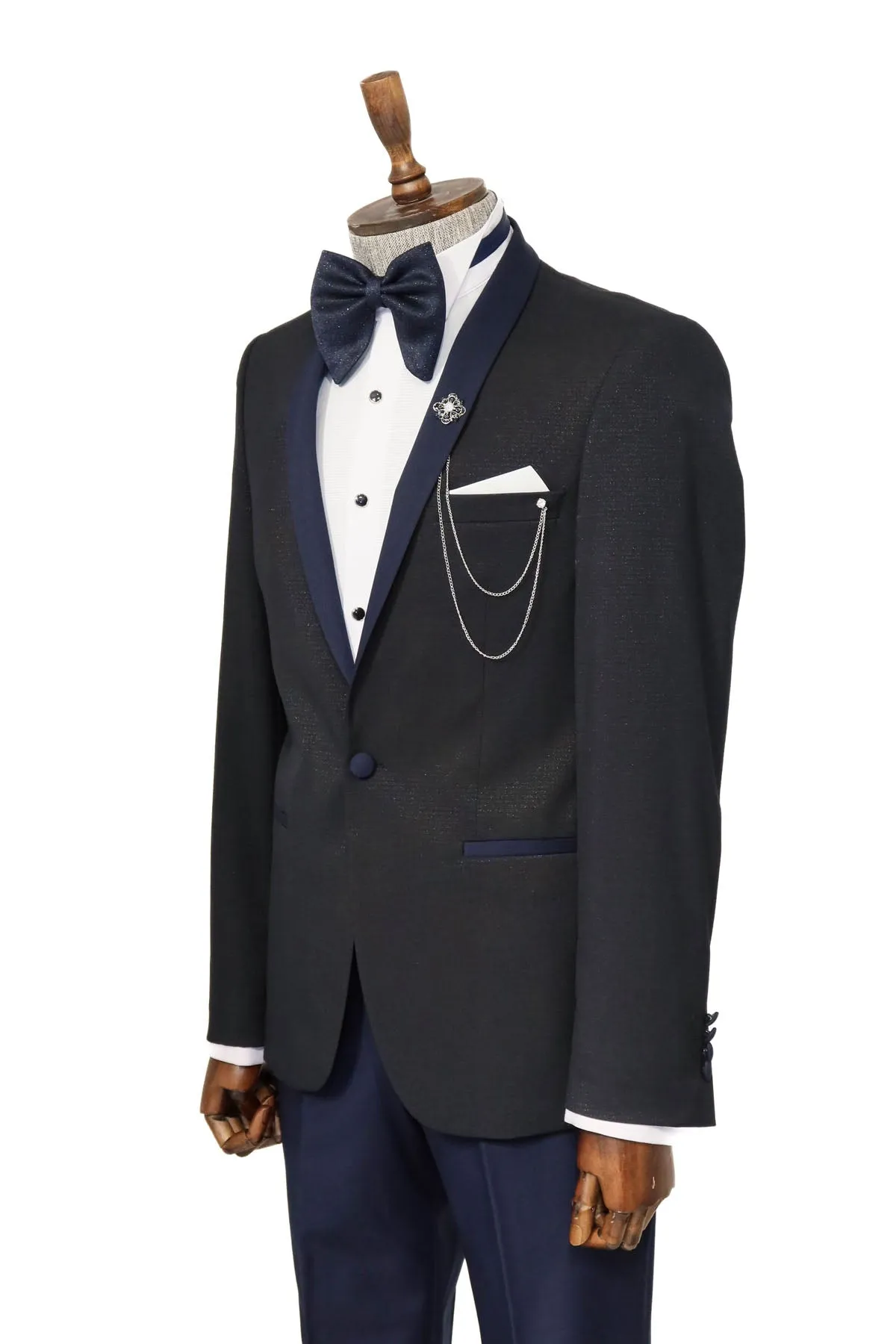 Shawl Lapel Double Breasted Navy Blue Suit | Wessi