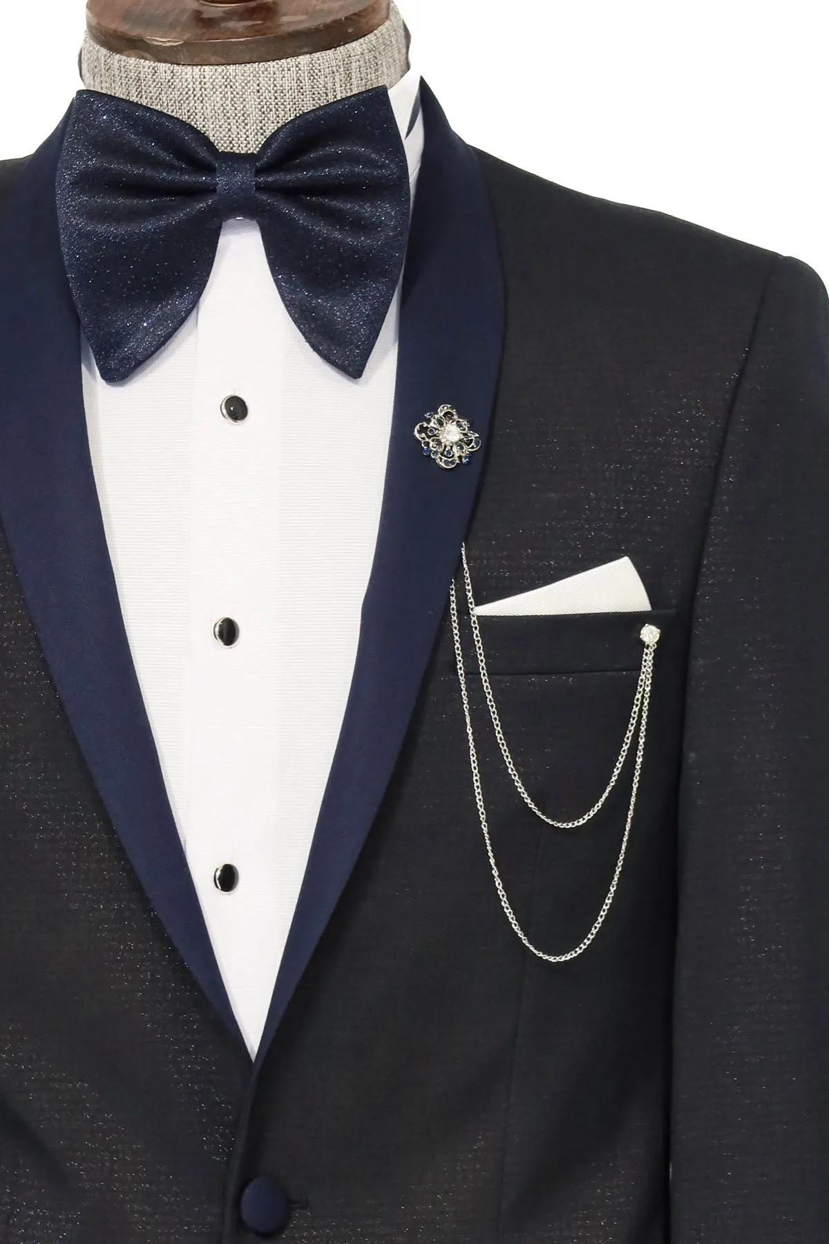 Shawl Lapel Double Breasted Navy Blue Suit | Wessi