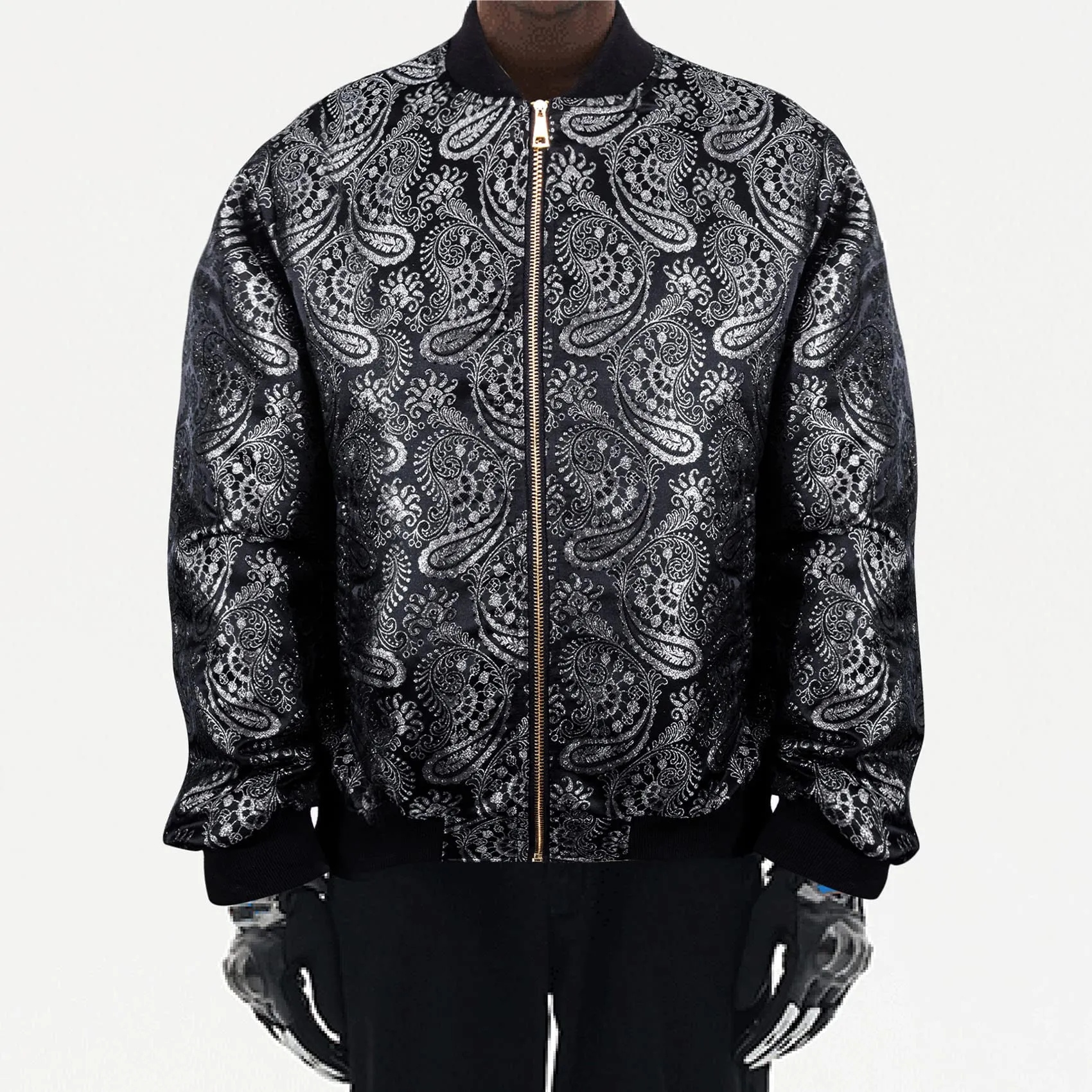 Silver Paisley Men's Designer Style Printed Bomber Jacket
