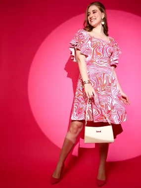 Square Neck Flared Sleeve Fit & Flare Midi Dress