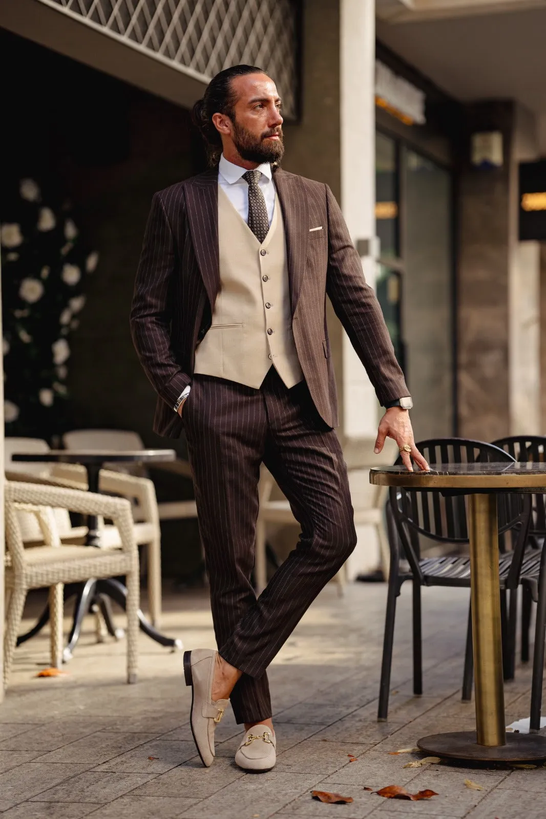 Stanley Custom Design Self-Patterned Beige Brown Slim Fit Suit