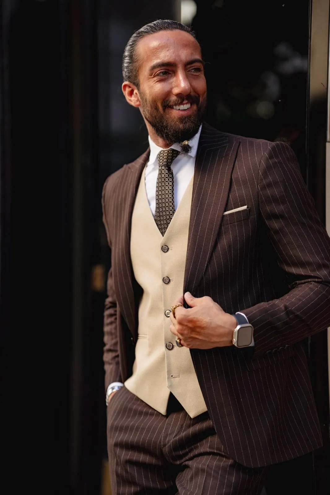Stanley Custom Design Self-Patterned Beige Brown Slim Fit Suit