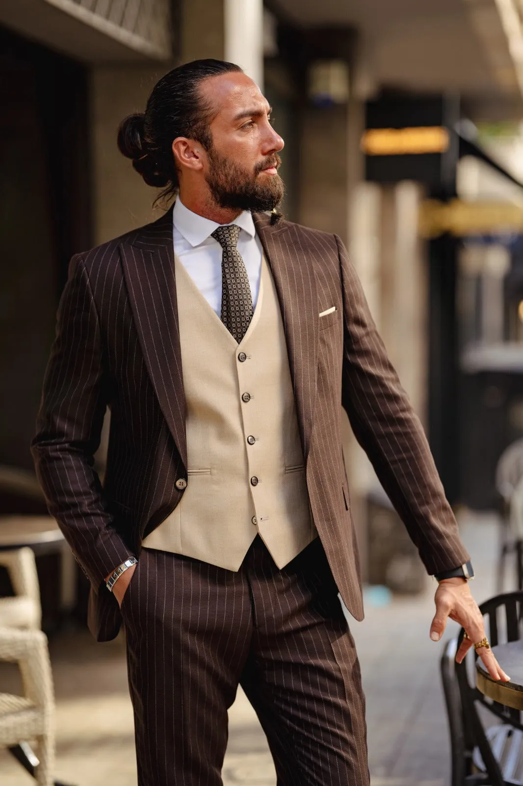Stanley Custom Design Self-Patterned Beige Brown Slim Fit Suit