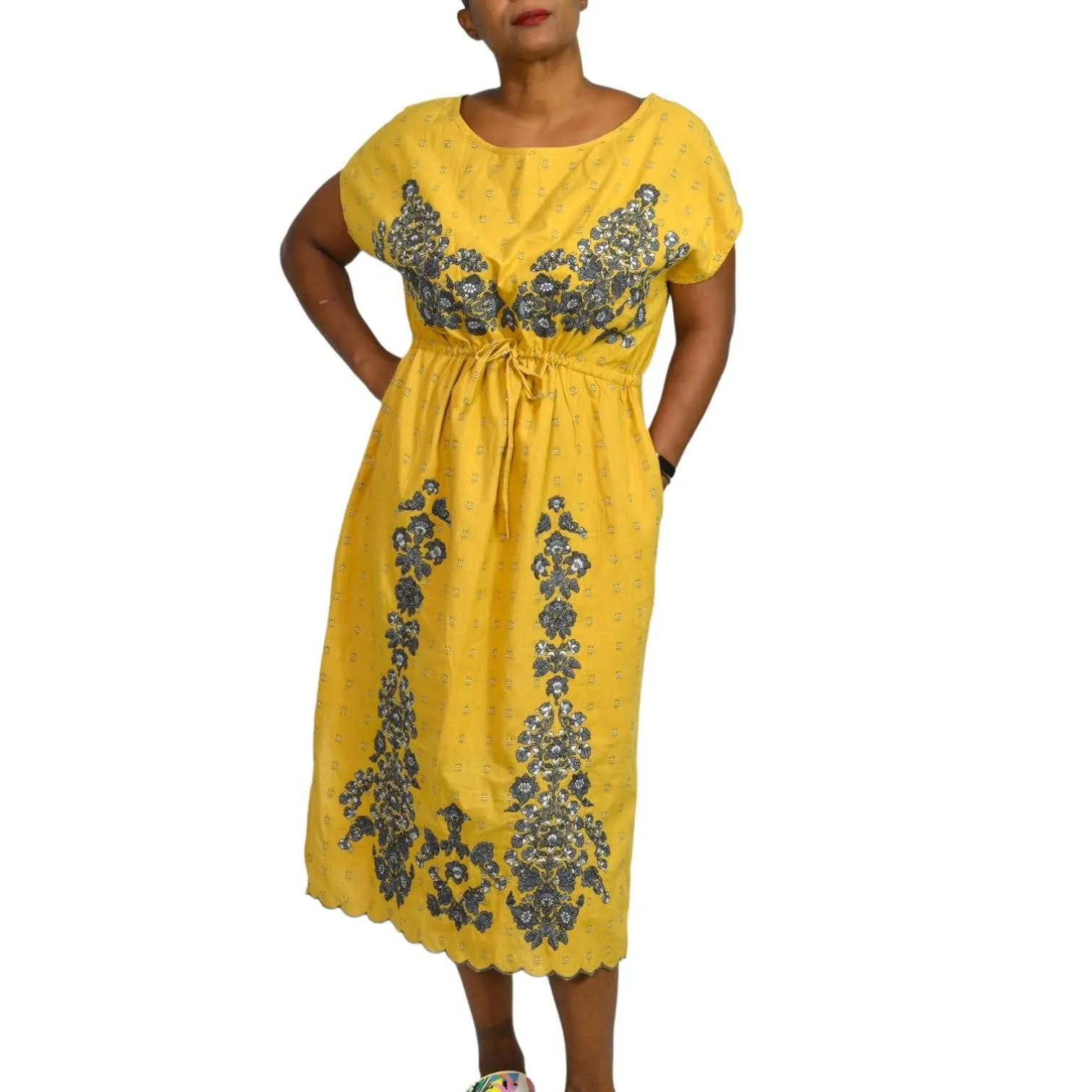 Sundance Felicity Dress Yellow Embroidered Sequin Midi Side Slit Pockets Size XL