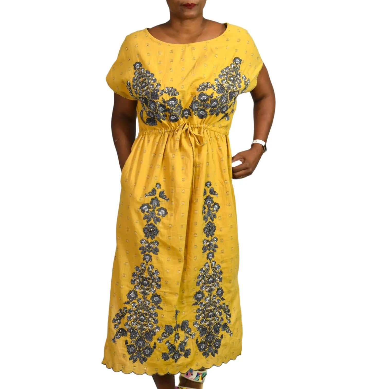 Sundance Felicity Dress Yellow Embroidered Sequin Midi Side Slit Pockets Size XL