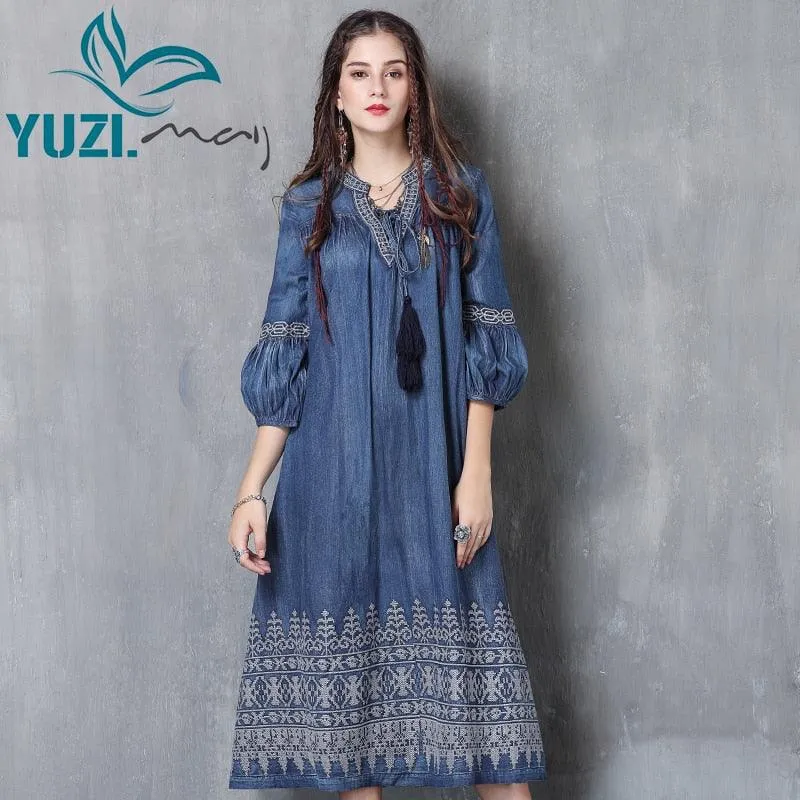 Three Quarter Lantern Sleeve Flower Embroidery Denim Dress