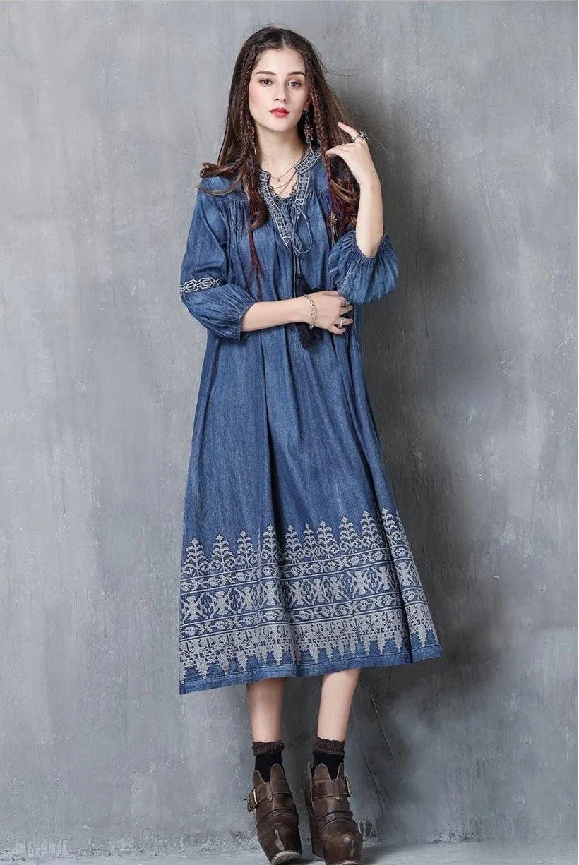 Three Quarter Lantern Sleeve Flower Embroidery Denim Dress