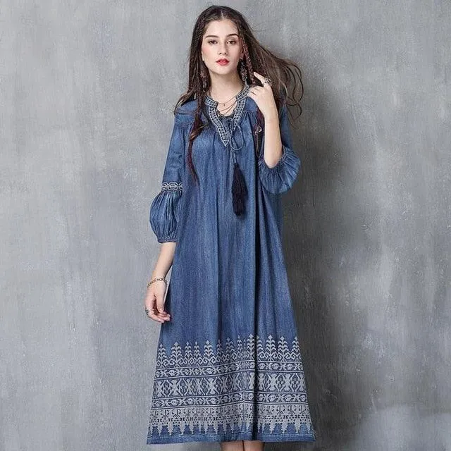 Three Quarter Lantern Sleeve Flower Embroidery Denim Dress