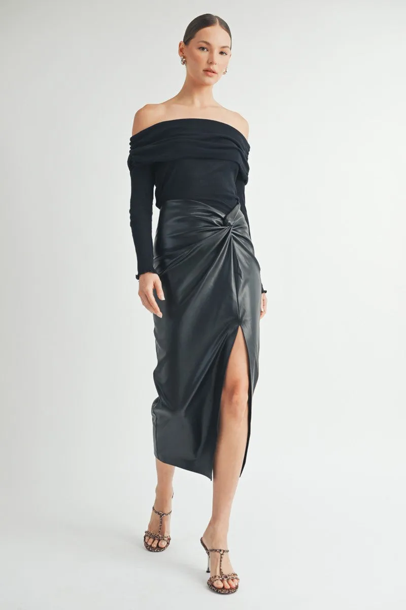 Twist waist Faux Leather Midi Skirt