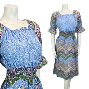 VINTAGE 60s 70s BLUE ORANGE GREEN PURPLE FLORAL PRINT PRAIRIE FOLK DRESS 8