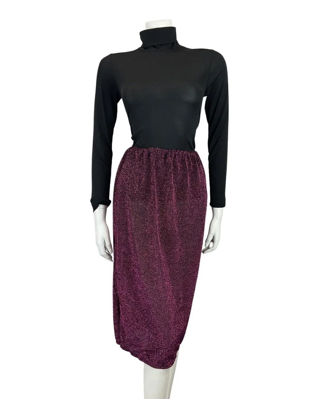 VINTAGE 60s 70s PURPLE BLACK GLITTER DISCO PARTY SHEER KNEE-LENGTH SKIRT 8 10