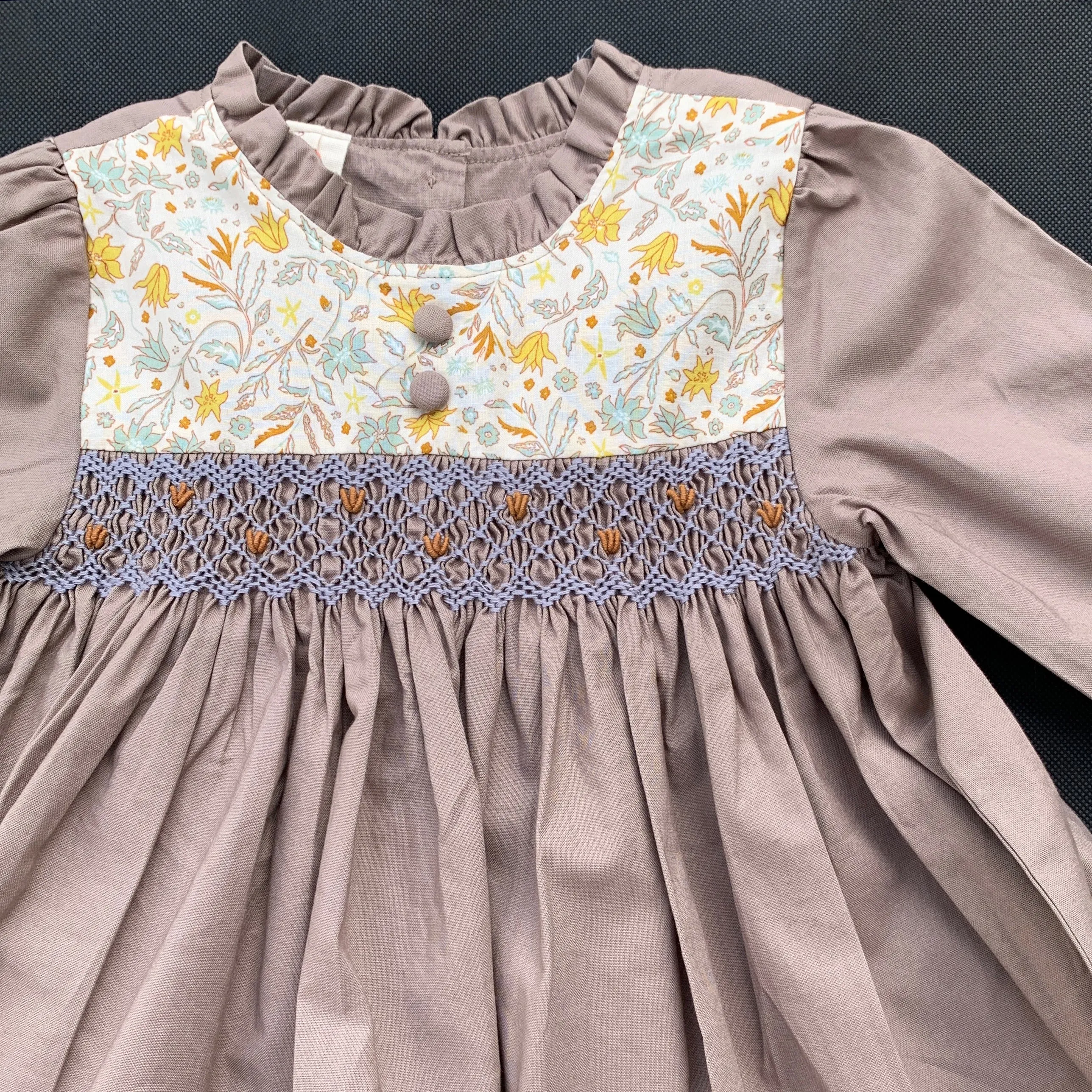 Vintage Grey Floral Smocked Dress