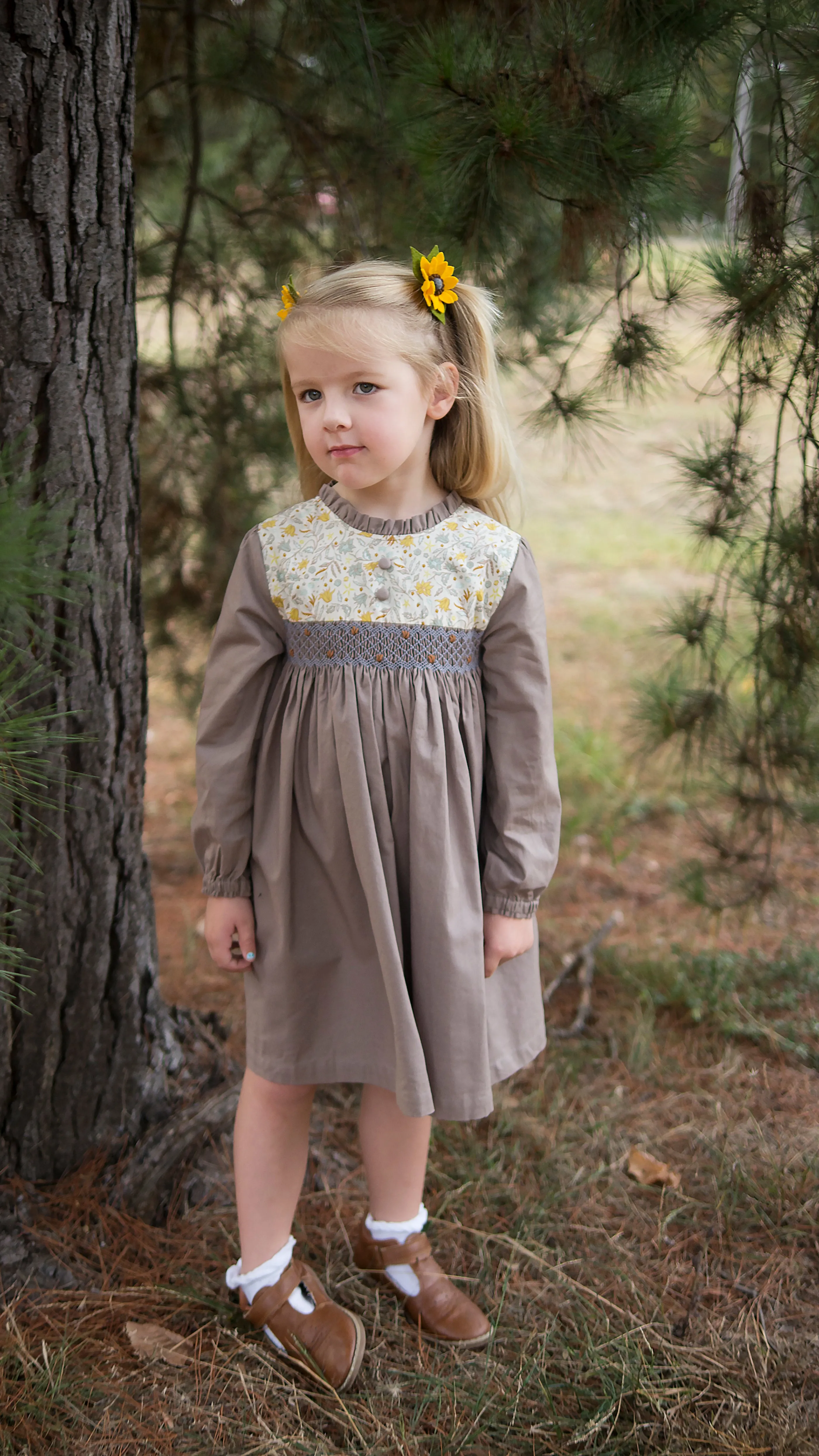 Vintage Grey Floral Smocked Dress