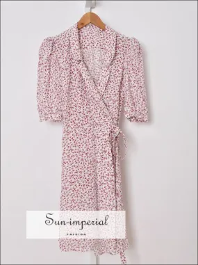 White Heart Print V-neck Short Puff Sleeve Wrap Mini Dress