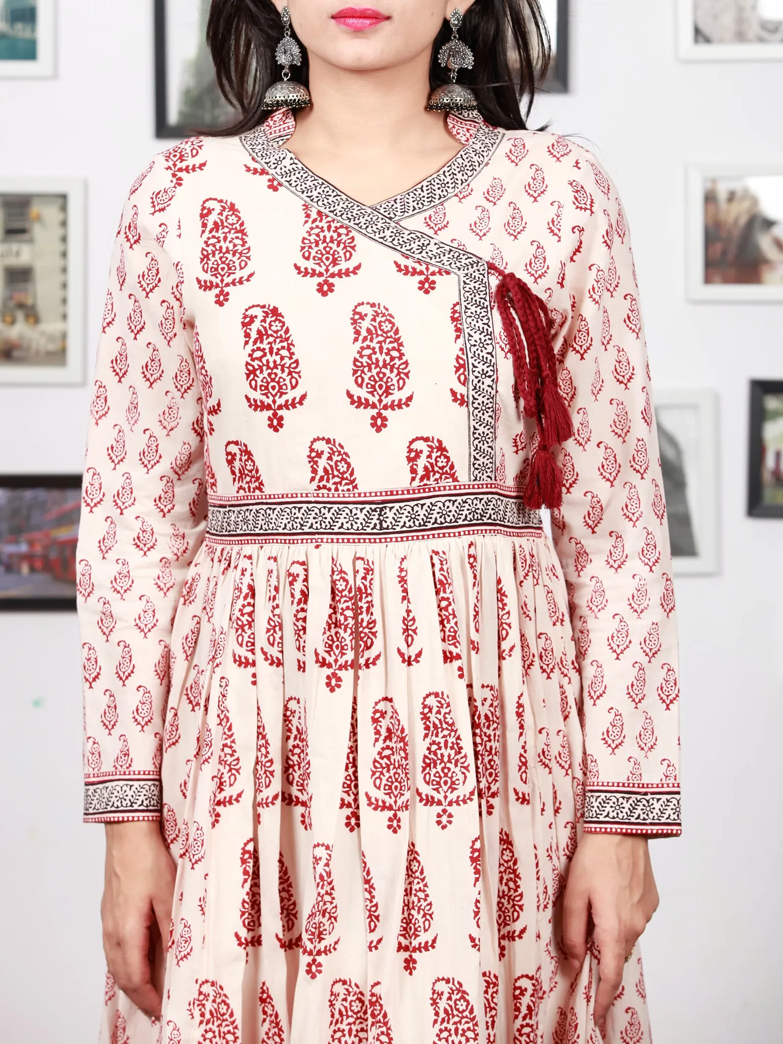 White Red Black Bagh Printed Cotton Long Angrakha Dress With Gathers - D298F1719