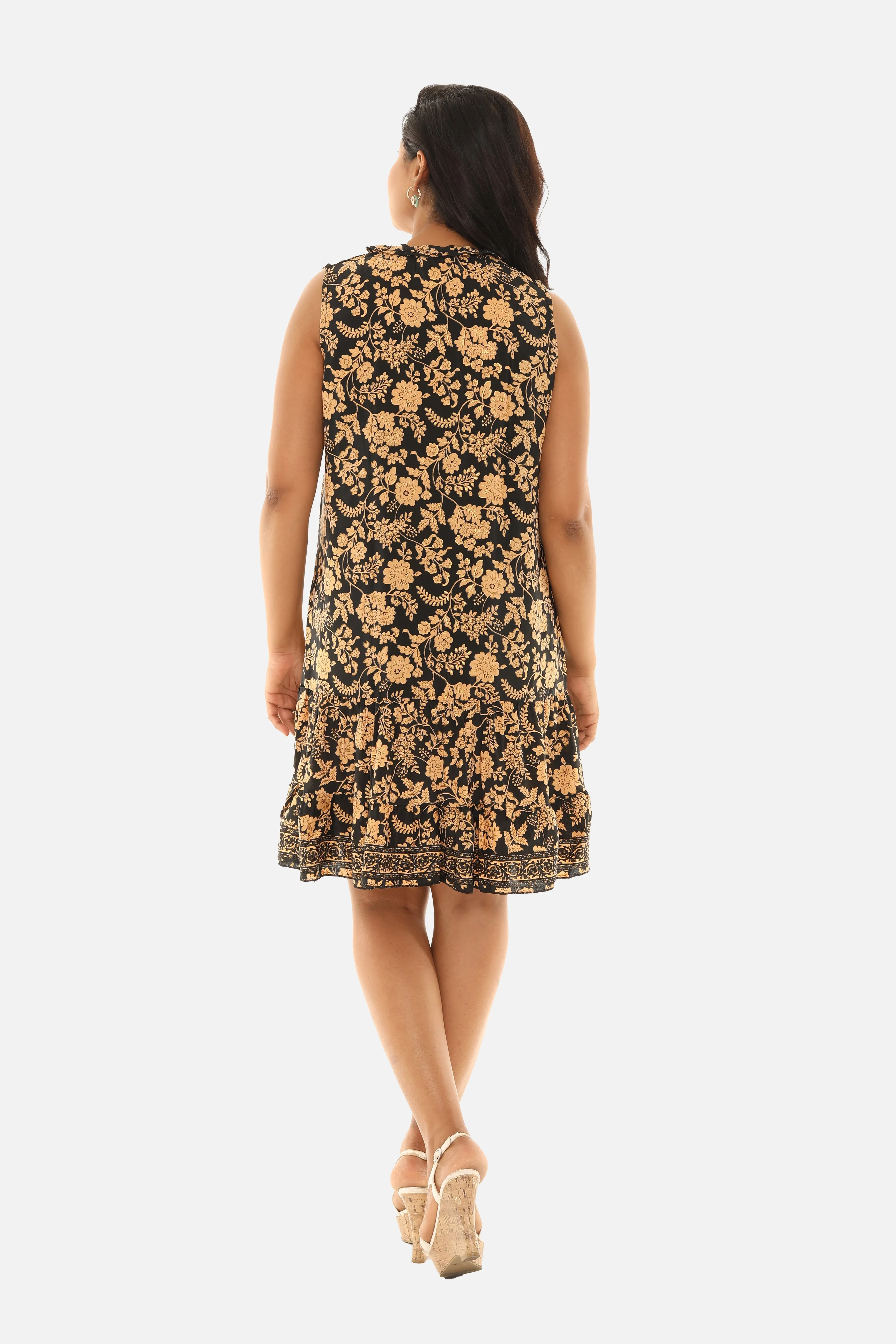Women Floral Lace-Up Notch Neck Midi Dress