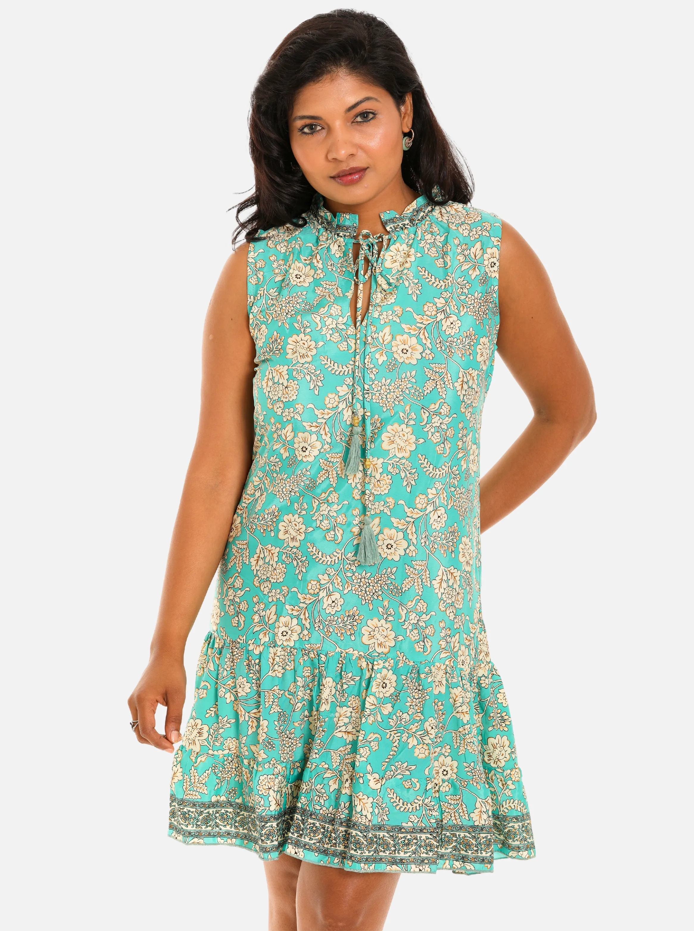 Women Floral Lace-Up Notch Neck Midi Dress