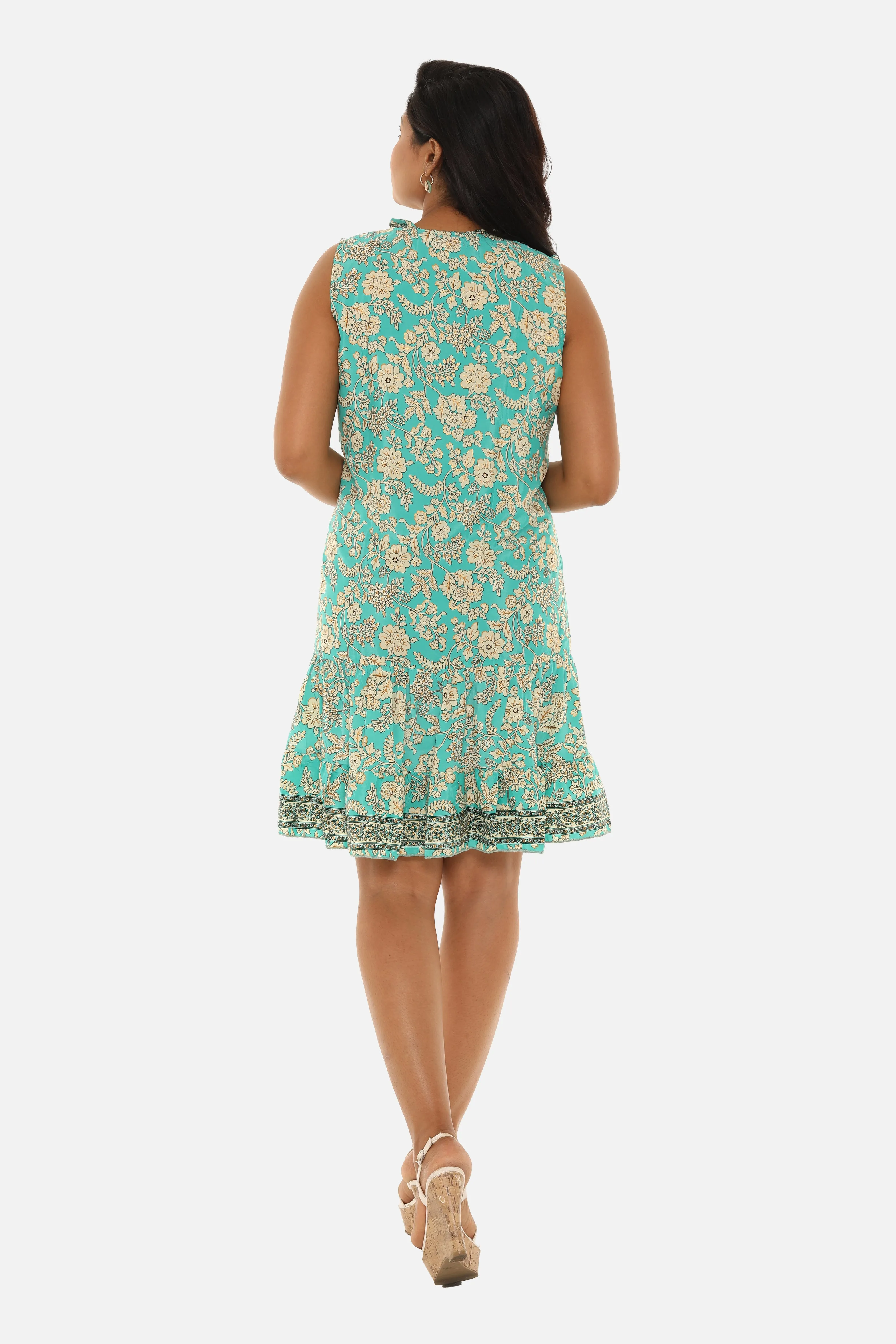 Women Floral Lace-Up Notch Neck Midi Dress