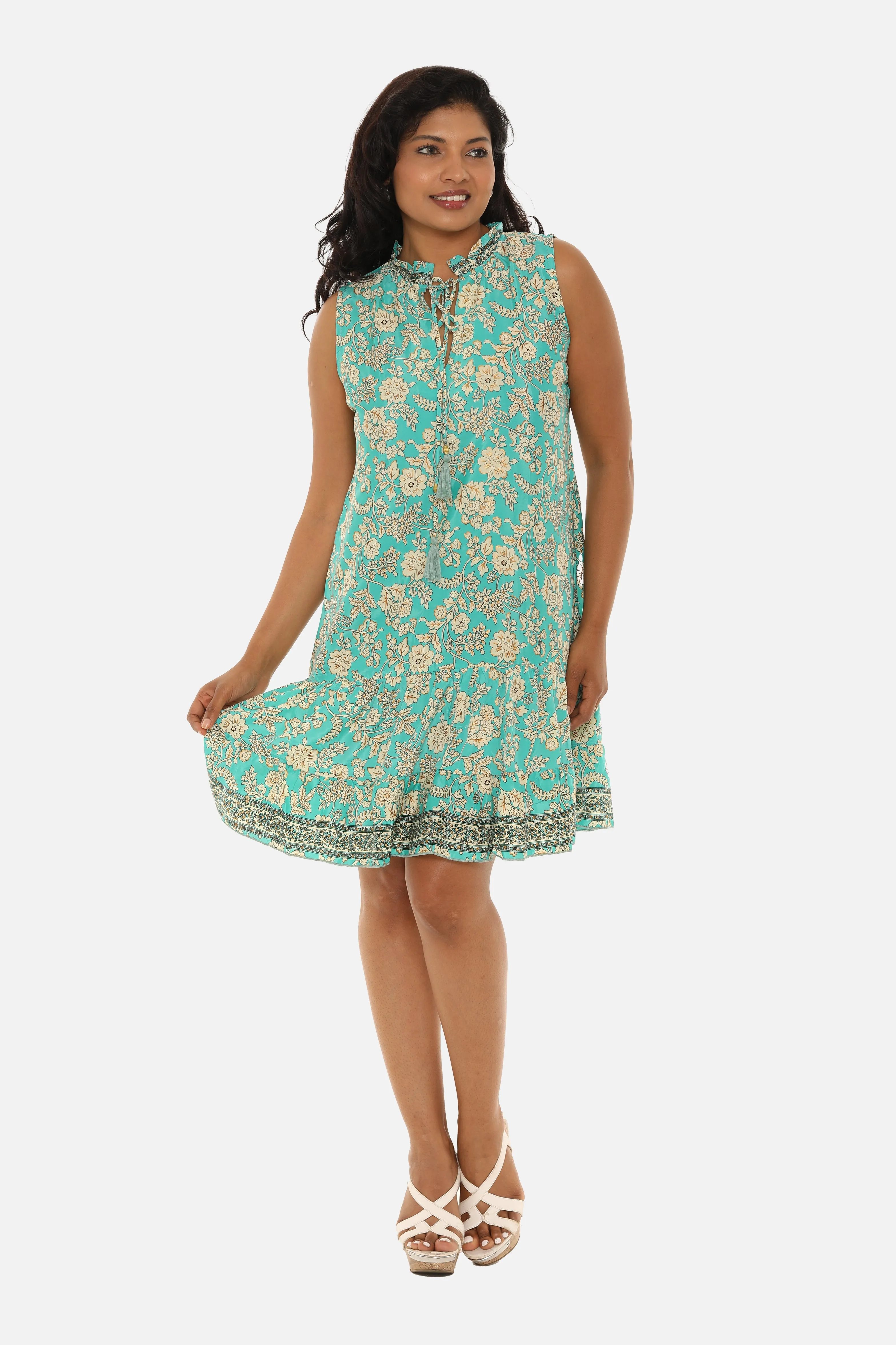 Women Floral Lace-Up Notch Neck Midi Dress