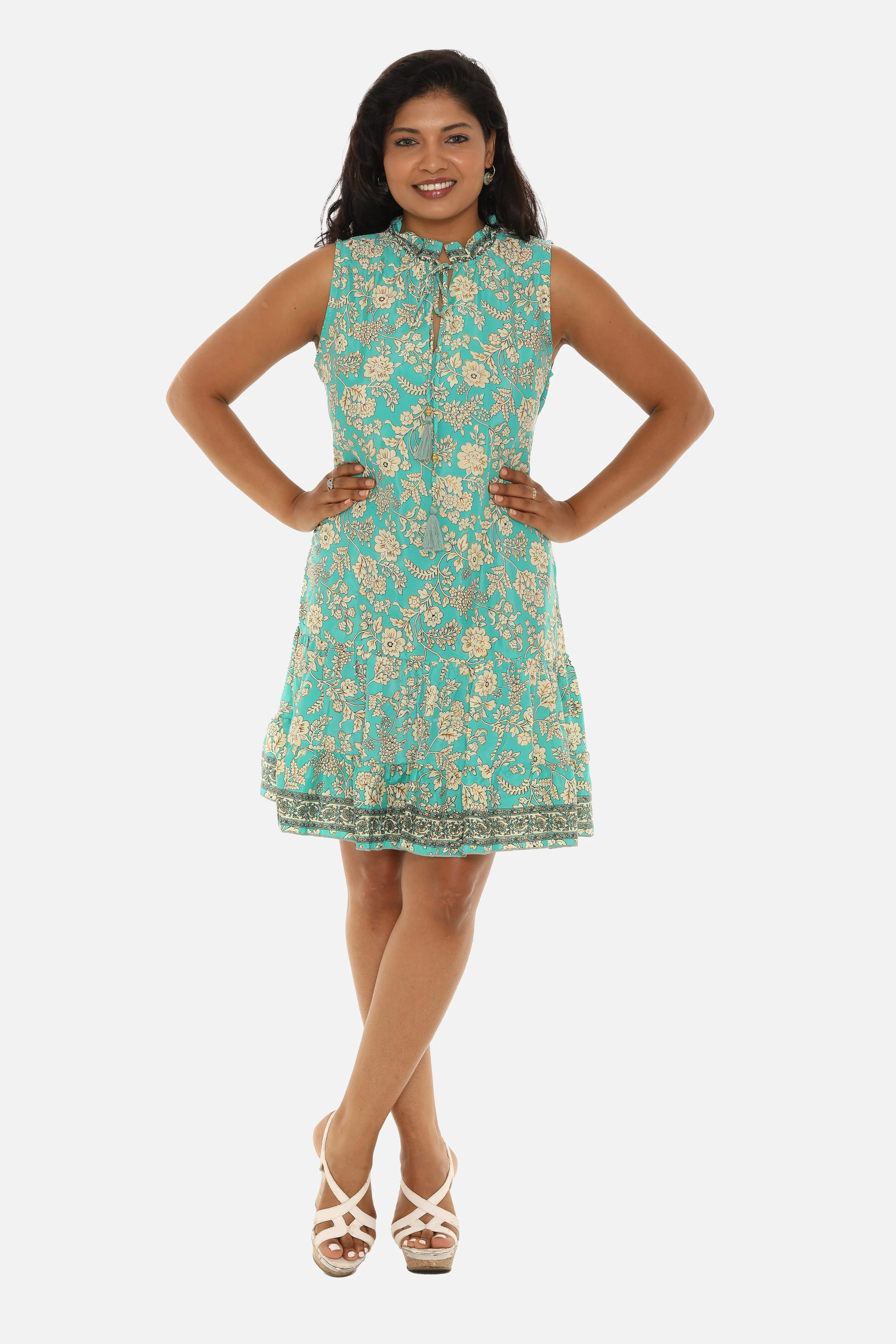 Women Floral Lace-Up Notch Neck Midi Dress