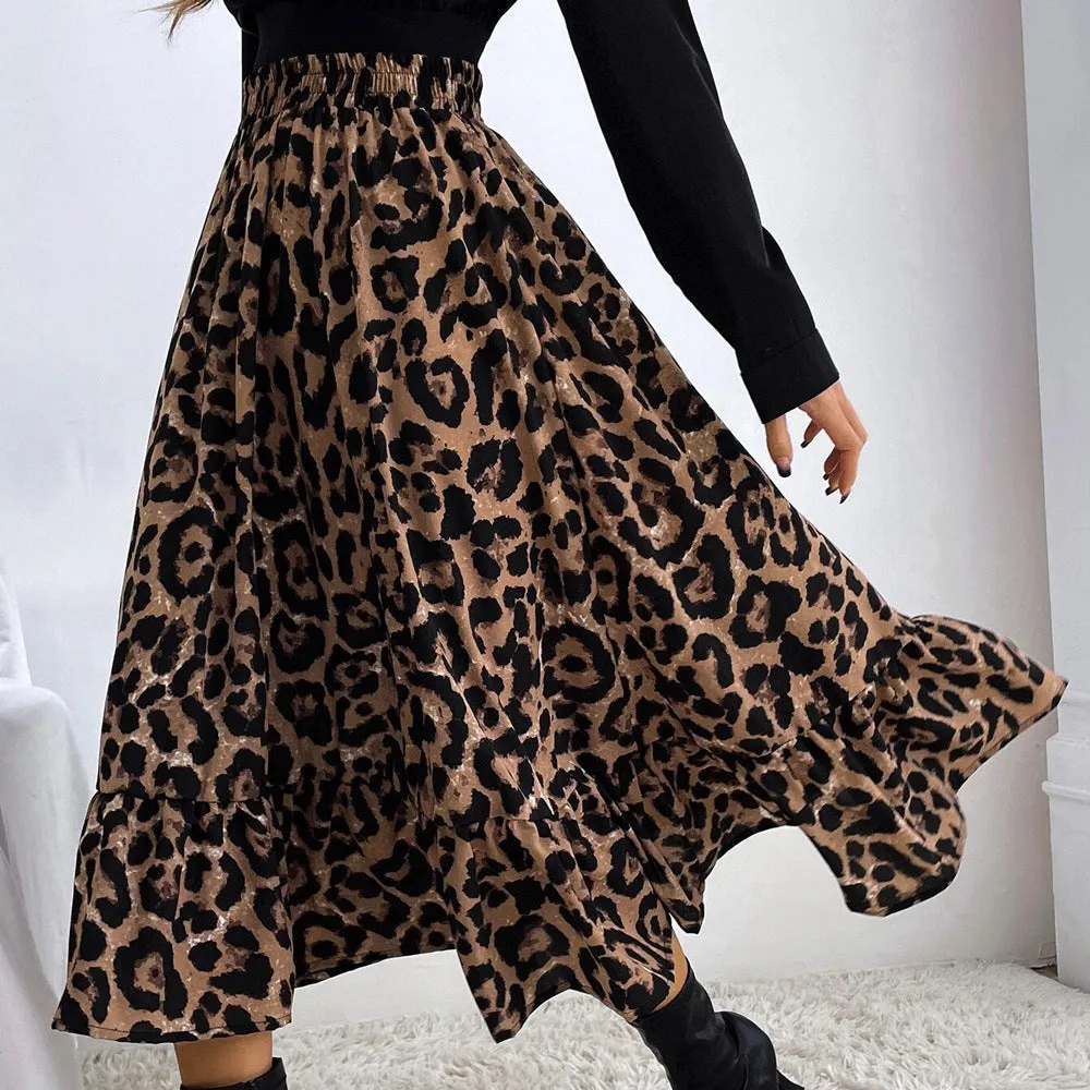 Women's Sexy Leopard Chiffon Print High Waist Skirt Loose Swing Dress