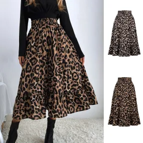 Women's Sexy Leopard Chiffon Print High Waist Skirt Loose Swing Dress