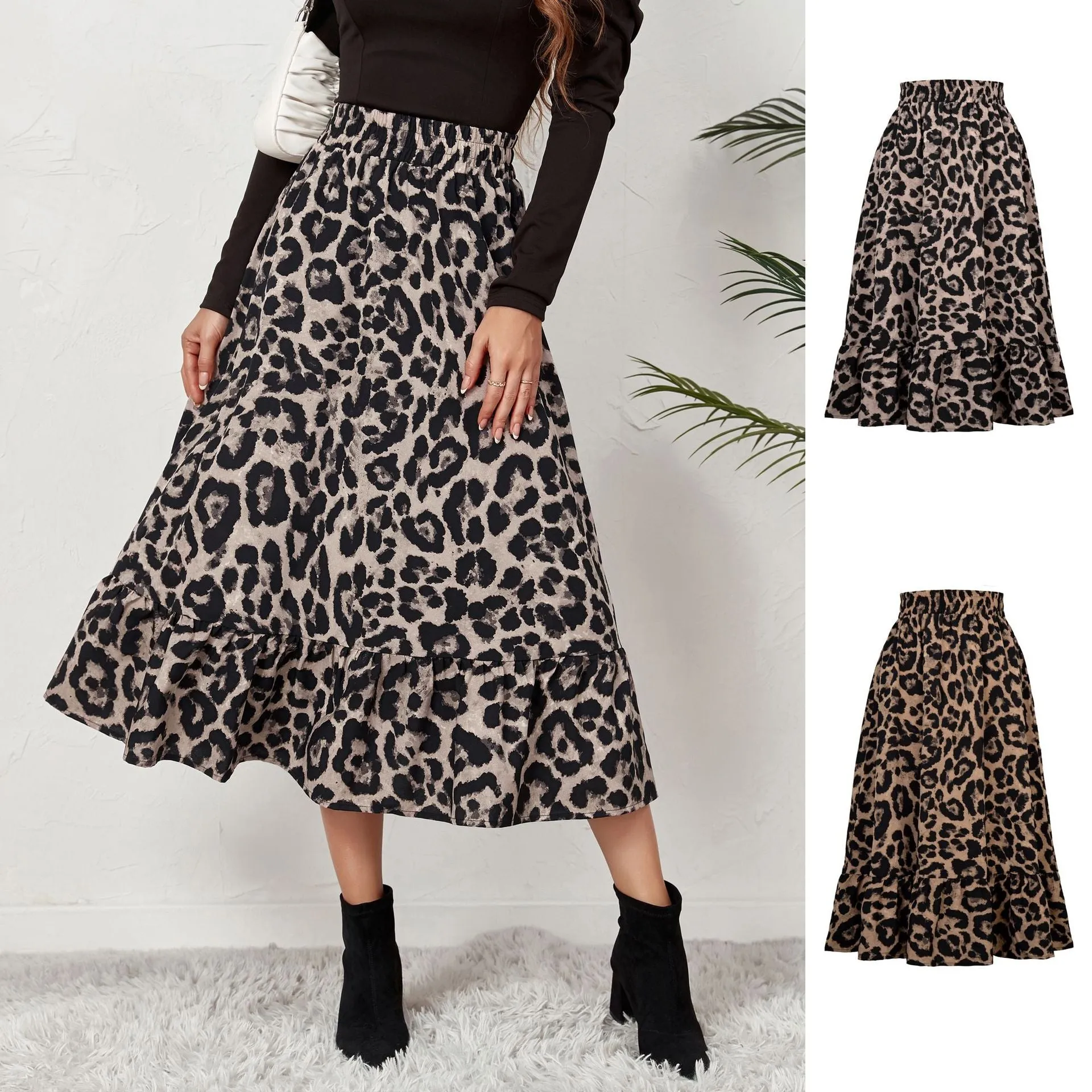 Women's Sexy Leopard Chiffon Print High Waist Skirt Loose Swing Dress