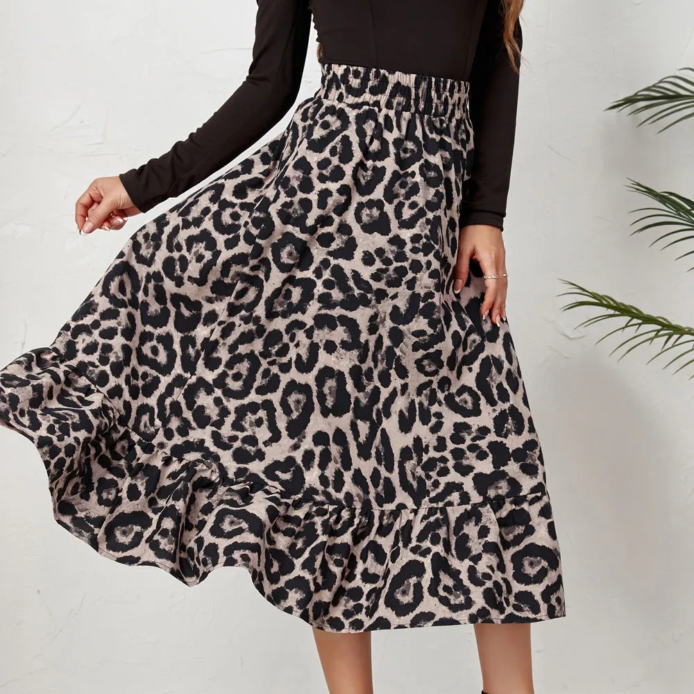 Women's Sexy Leopard Chiffon Print High Waist Skirt Loose Swing Dress