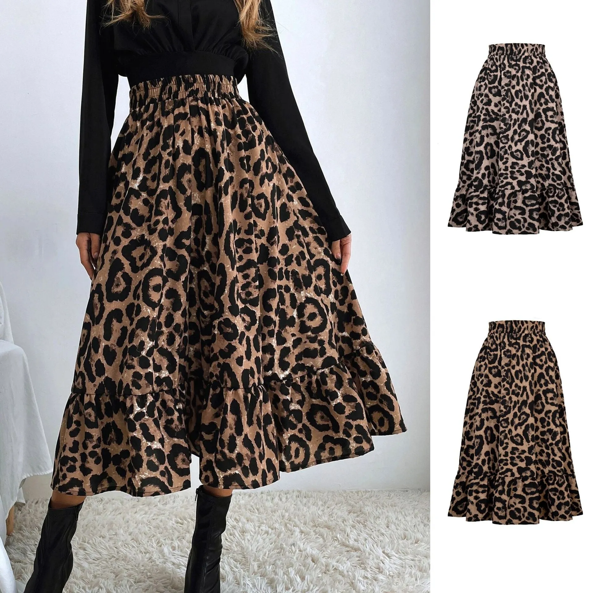 Women's Sexy Leopard Chiffon Print High Waist Skirt Loose Swing Dress