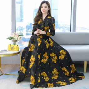 Women's Vintage Floral Printed  Chiffon Maxi  Long Sleeve Dress