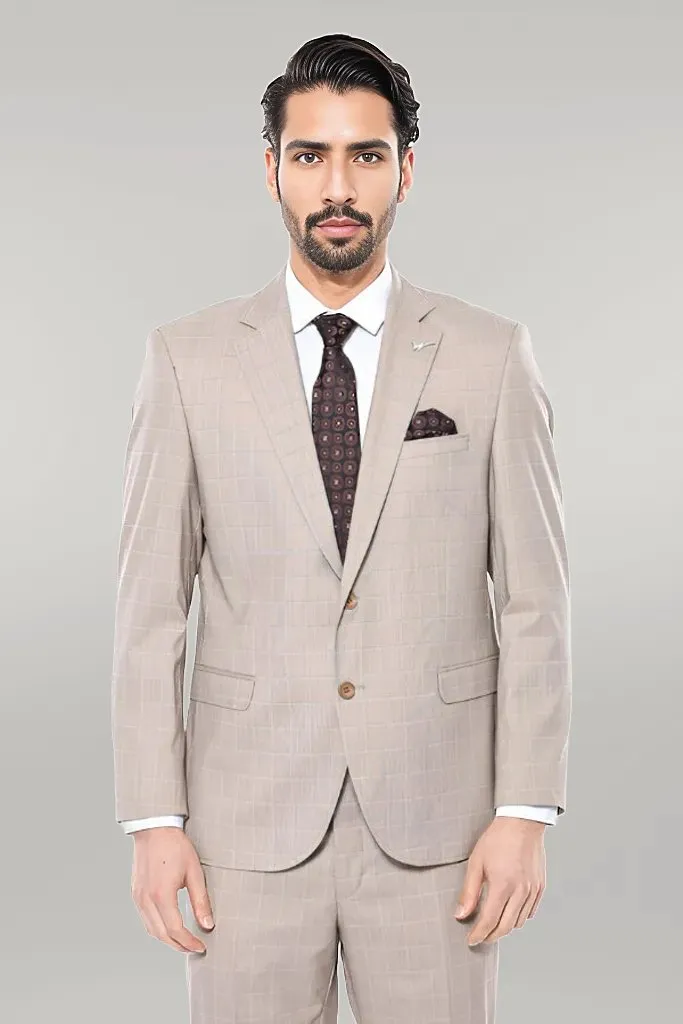 WSS 4 Drop Checked Regular Fit Beige Suit  - Singen