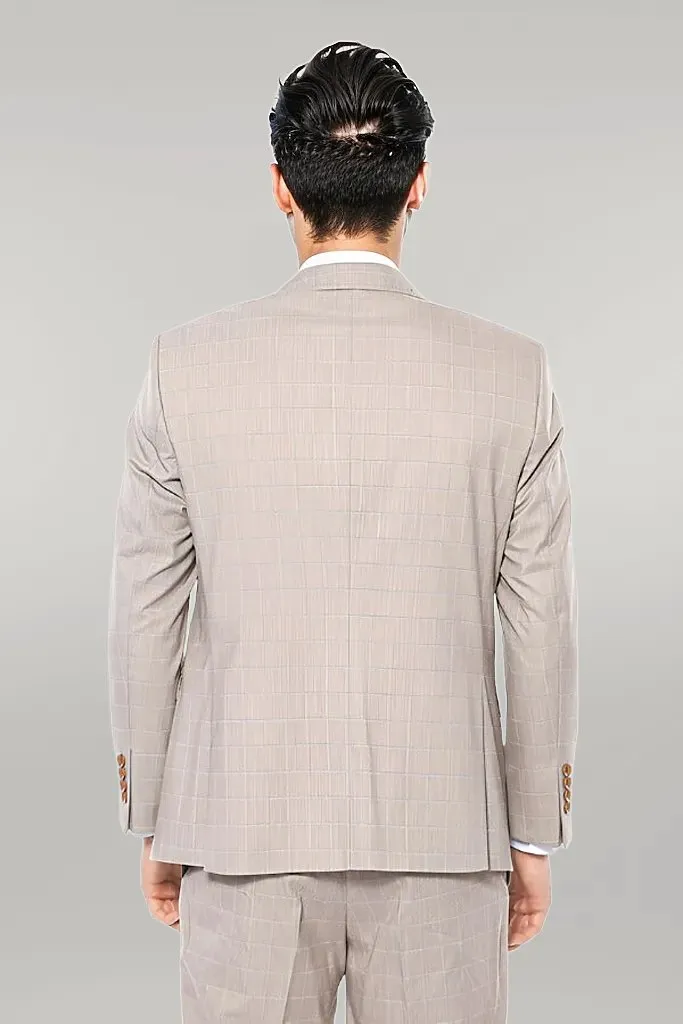 WSS 4 Drop Checked Regular Fit Beige Suit  - Singen