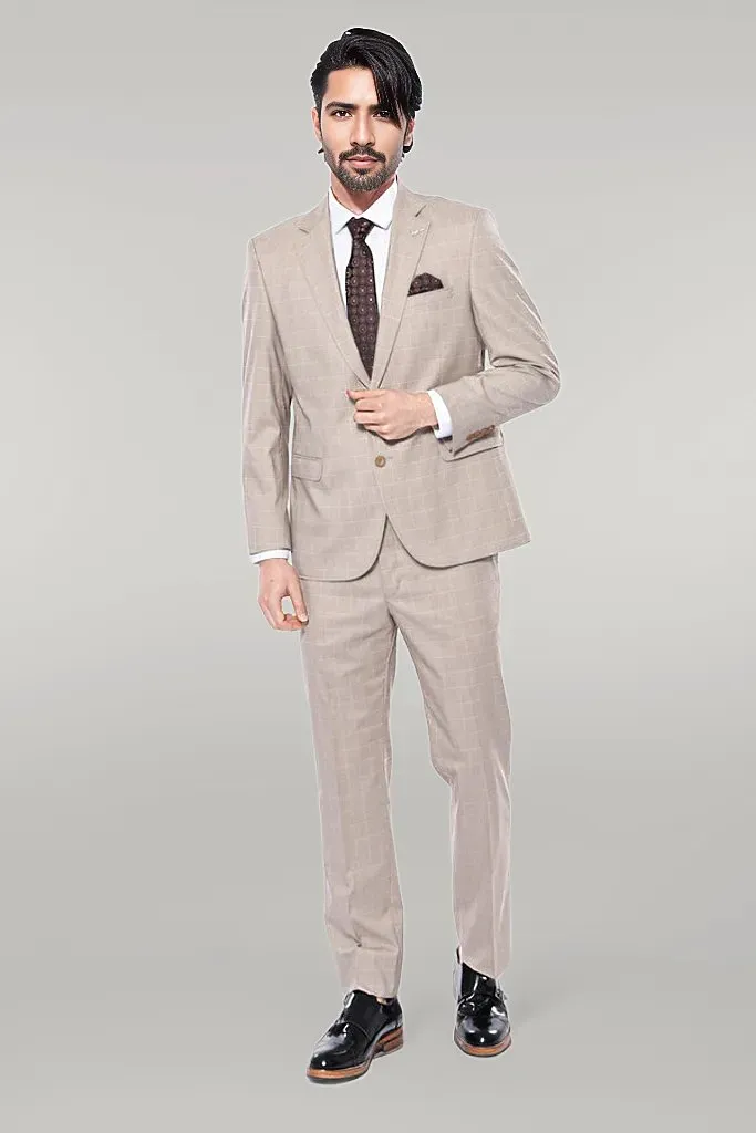 WSS 4 Drop Checked Regular Fit Beige Suit  - Singen