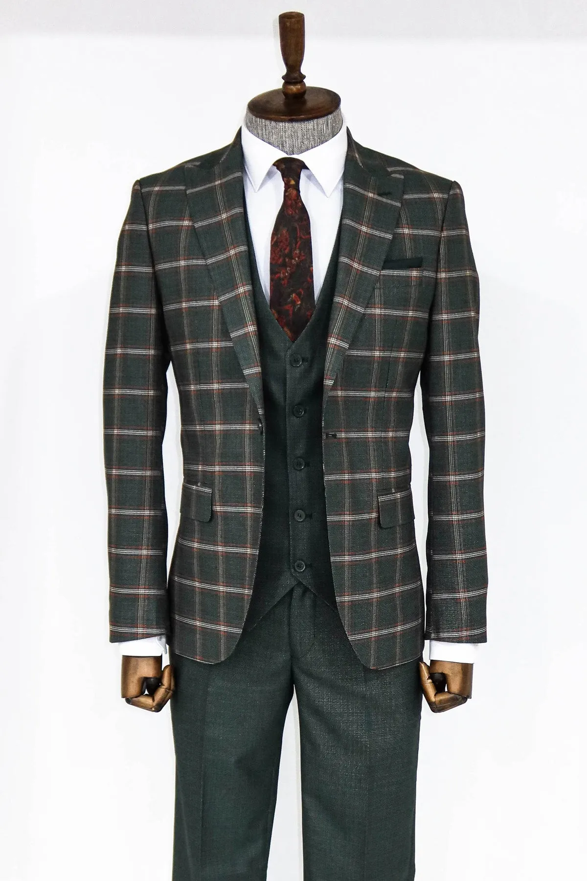 WSS Checked Patterned Green Slim Fit Suit  - Charleville-Mézières