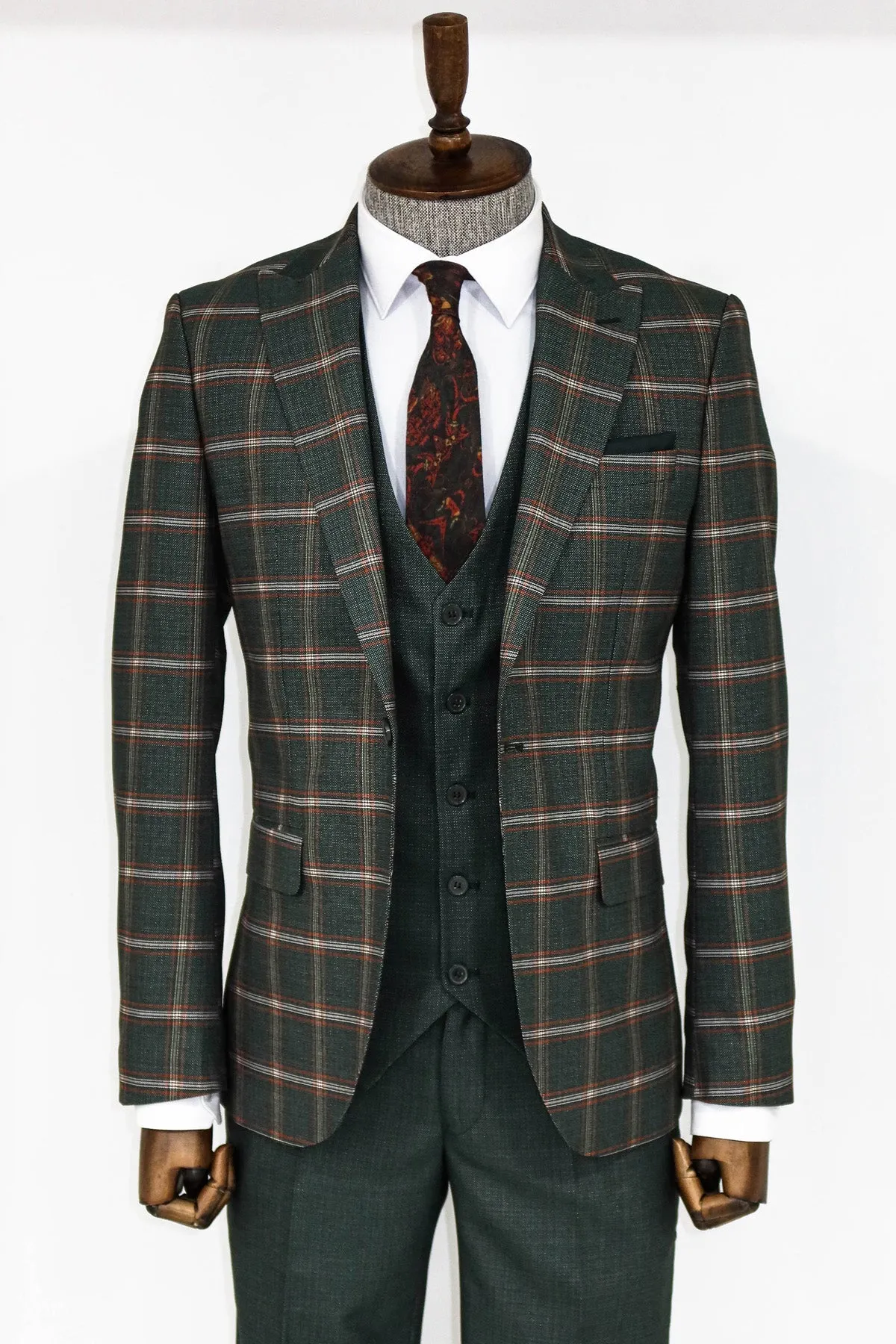 WSS Checked Patterned Green Slim Fit Suit  - Charleville-Mézières