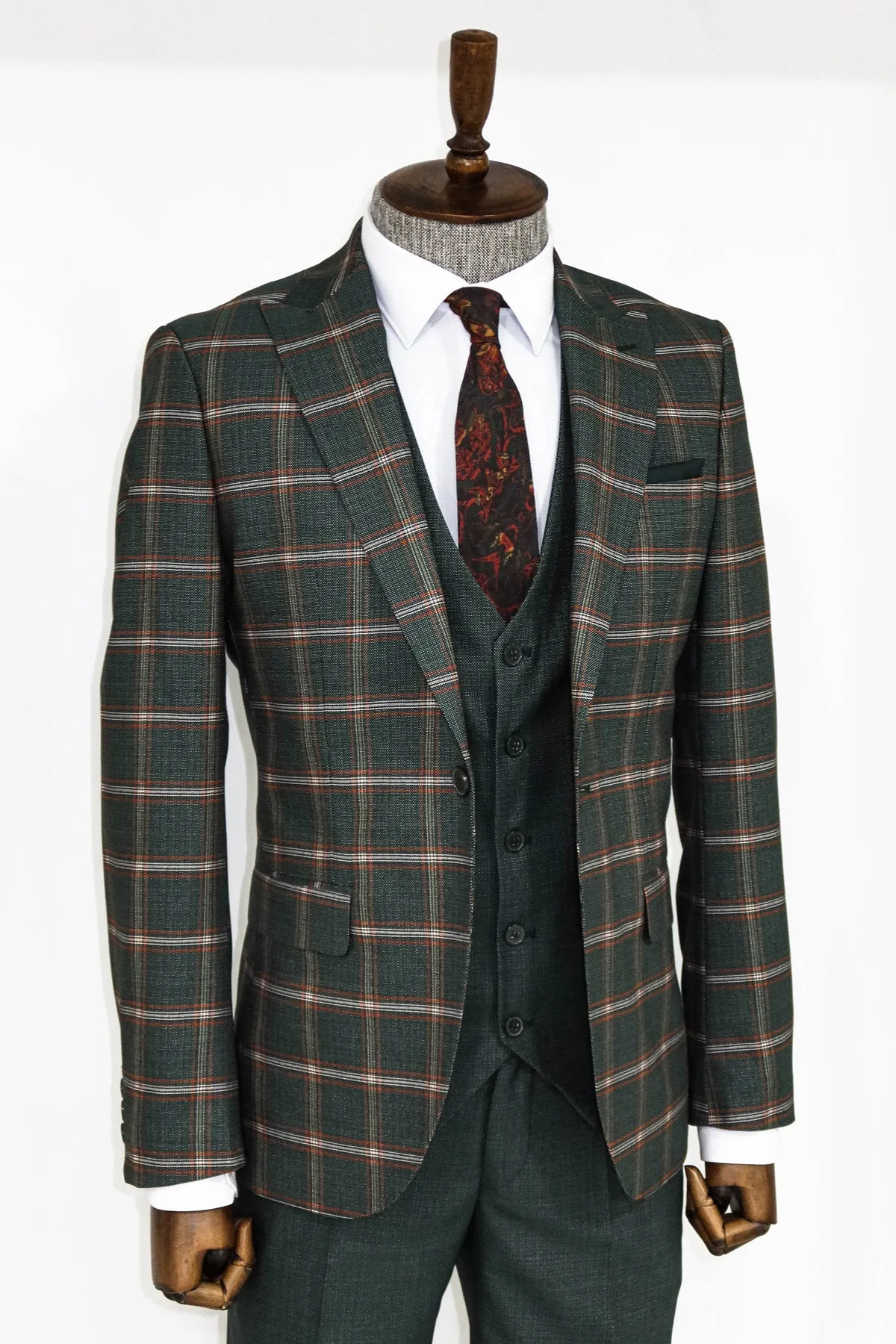 WSS Checked Patterned Green Slim Fit Suit  - Charleville-Mézières