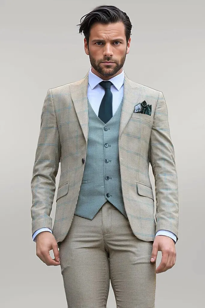 WSS Checked Patterned Slim Fit Beige Men Suit  - Singen