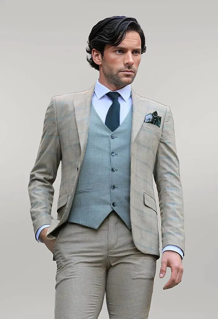 WSS Checked Patterned Slim Fit Beige Men Suit  - Singen