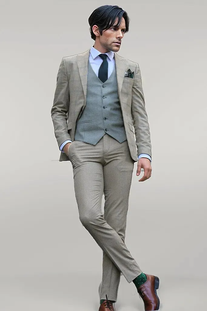WSS Checked Patterned Slim Fit Beige Men Suit  - Singen