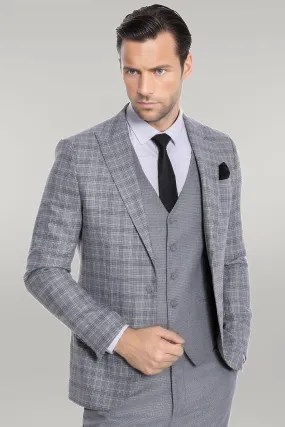 WSS Checked Slim Fit Light Grey Men Suit  - Singen